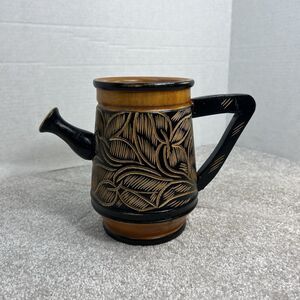Hand Carved Wooden Teapot / Pitcher Canister Jar‎ Handle Floral African